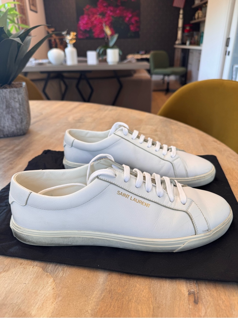 Saint Laurent White Leather Low-Top Sneakers with Gold Logo Accent